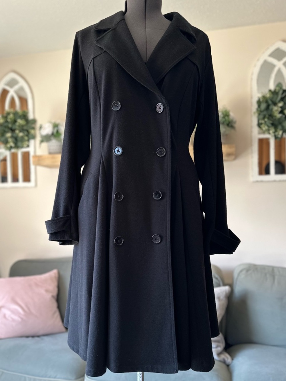 Classic Double-Breasted Black A-Line Coat